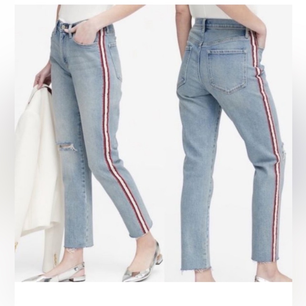 Banana Republic 28 High-Rise Straight Ripped Striped Sides Denim Blue Jeans